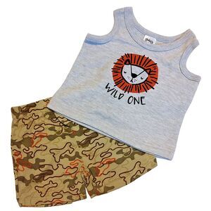 CJP Baby Boy 2 pc Set 12 Months Muscle Tee Shorts Wild One Lion Camouflage NEW